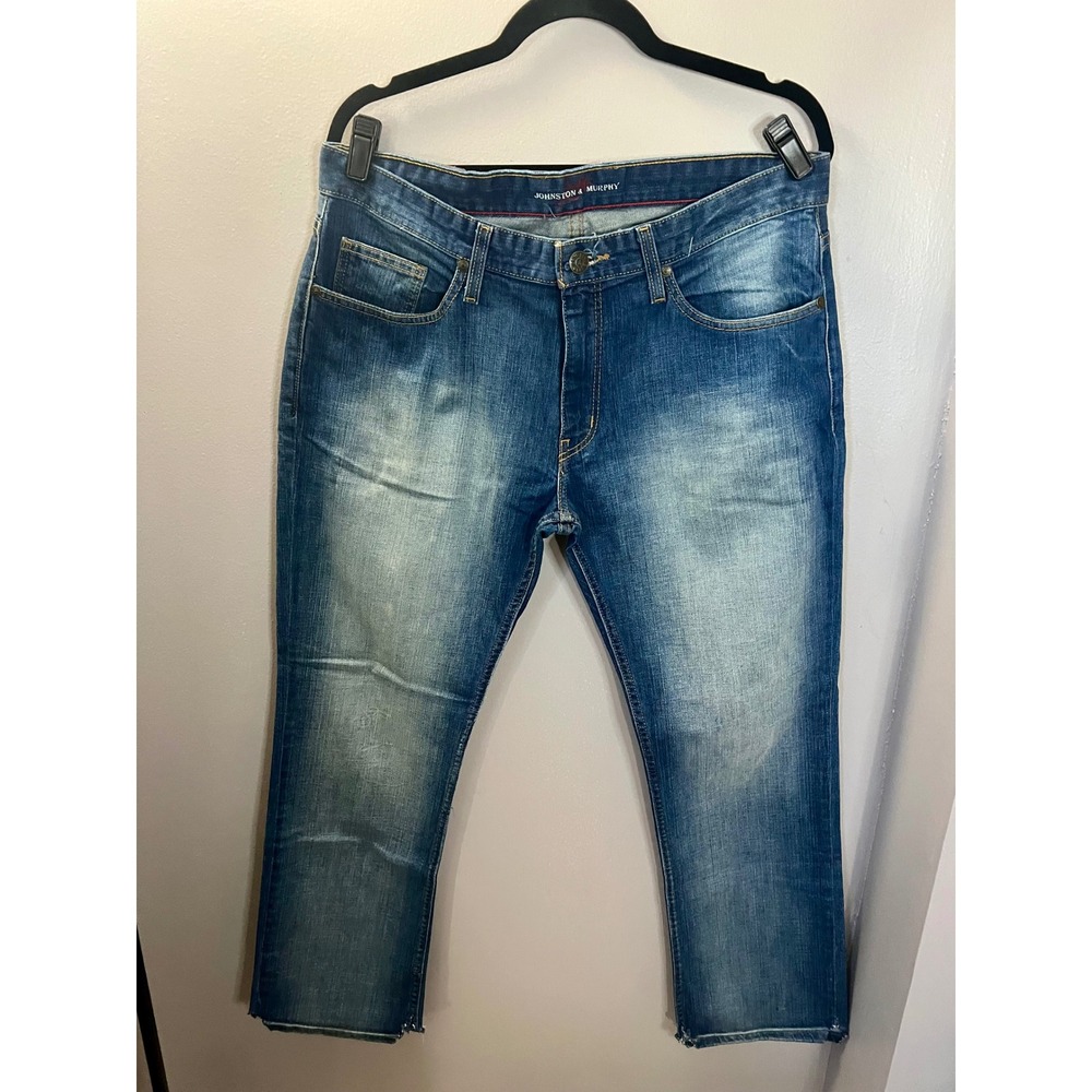 Johnston & Murphy Mens Medium Wash Denim Jeans 33x30 Frayed Hem Stretch Cotton